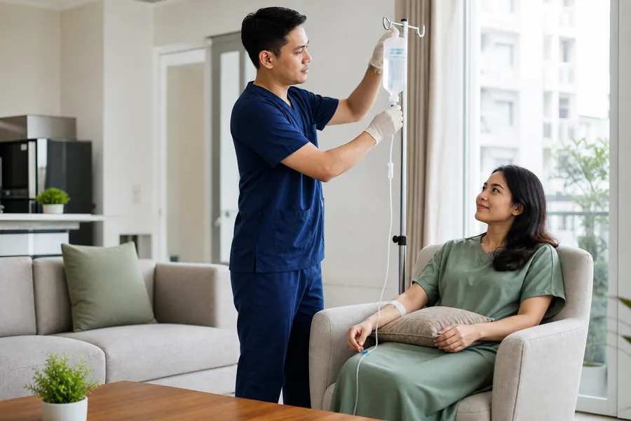 Perawat menyiapkan infus untuk seorang perempuan yang duduk santai di ruang tamu